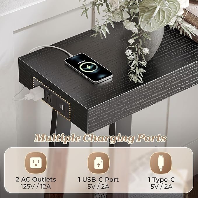 Huuger Entryway Console Table with Charging Station, USB-C Port, 39.4 Inch Sofa Table with Metal Legs, Entry Hallway Table with Thicker Desktop, Modern Behind Couch Table, Black