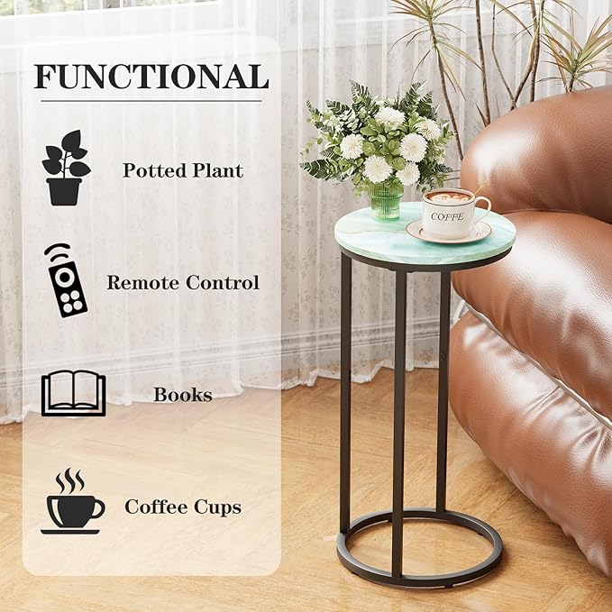 C Shaped end Table,Wood Round Side Table for Couch,Small Sofa Table with Metal Frame for Bedroom,Living Room,Bedside,Sea Blue(11.81" D x 11.81" W x 23.62" H)