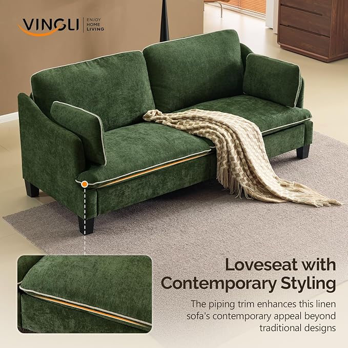 VINGLI 84" W Oversized Comfy Love Seat with Two Seats, Extra Deep Seat Piping Design Loveseat Couch with Two Pillows, Linen Fabric Modern Small Sofa for Small Living Room, Apartment, Bedroom, Green