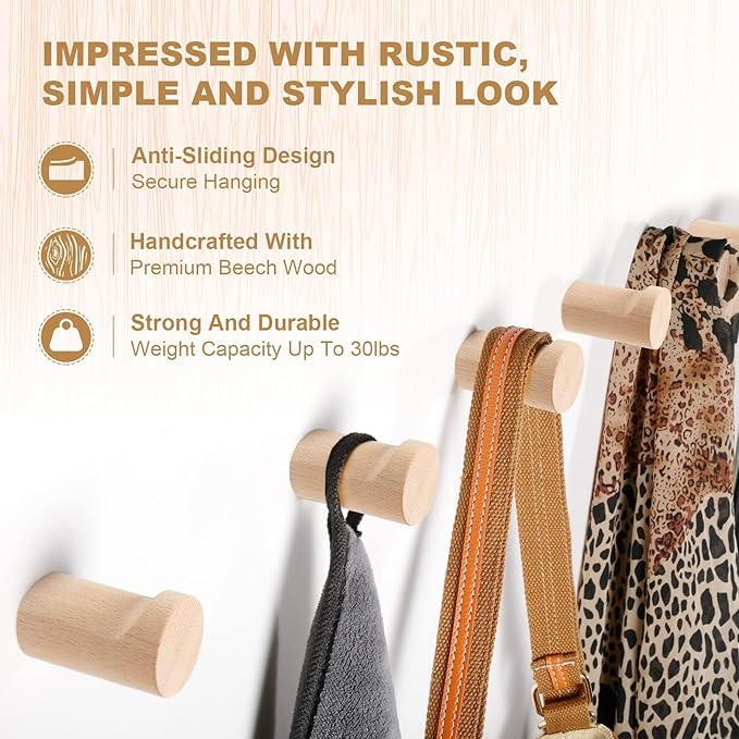 12 Pack Wood Wall Hooks, Natural Wooden Coat Hooks Wall Mounted, Handmade Rustic Hat Hooks Heavy Duty Entryway Wall Hangers for Hanging Towels, Clothes, Bags