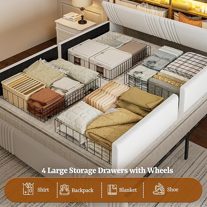 IKIFLY King Size Bed Frame with Hidden Storage Headboard & 4 Drawers, 49.2” Tall Upholstered Wingback Headboard with LED Lights and Charging Station, No Box Spring Needed, Solid Wood Slats, White