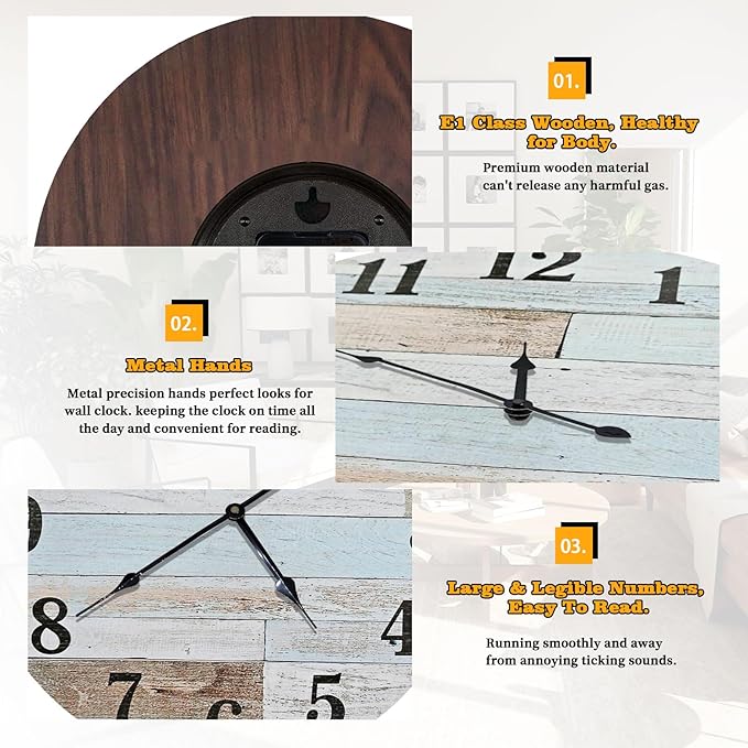 24 Inch Blue Woodgrain Shiplap Wall Clocks for Living Room Decor, Large Farmhouse Wall Clock,Coastal Beach Nautical Style,House Warming Gifts New Home