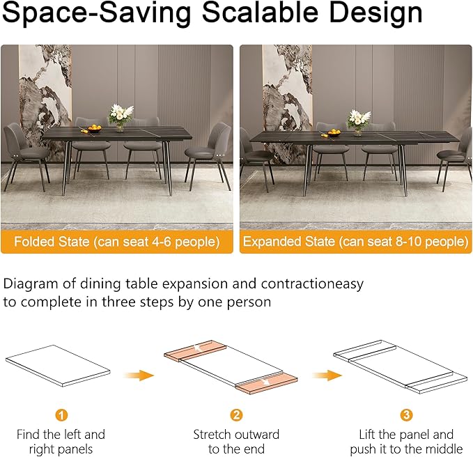 Expandable Rectangular Dining Table (62.9" to 94.4") – Modern Black Sintered Stone Top, Adjustable Table for 6 to 10 People for Dining Room Family Gathering