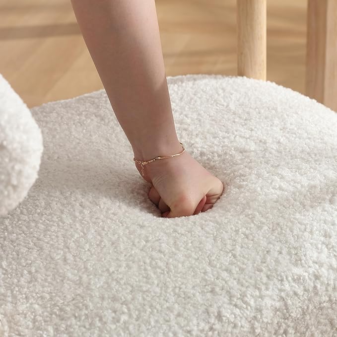 White Boucle Dining Chairs Set of 4, Modern Upholstered Dining Chairs, Curved Backrest Kitchen Dining Room Chairs Accent Chairs Arm Chairs with Natural Wood Legs