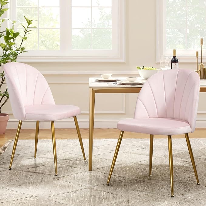 Velvet Dining Chairs Set of 4, Upholstered Mid Century Modern Dining Chairs, Armless Accent Chair with Metal Gold Legs for Living Room, Kitchen, Dining Room, Pink