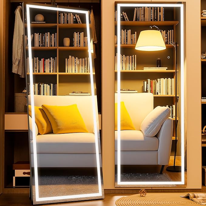 Full Length Mirror with Lights, 71" x 24" LED Lighted Floor Standing Mirror, Tempered Glass, Square Black