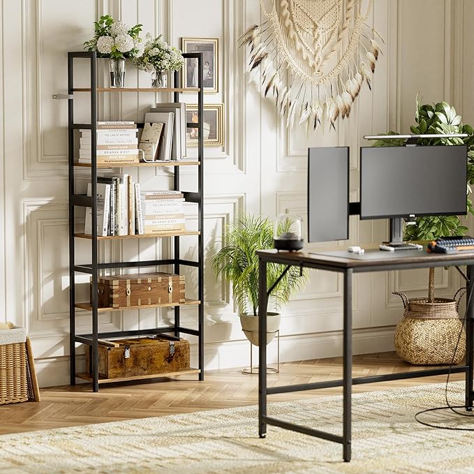 5-Tier Bookshelf, Industrial Bookcase with Bamboo Frame, Modern Display Standing Shelf Unit, Tall Wood Storage Organizer for Living Room, Home Office, Rustic Brown