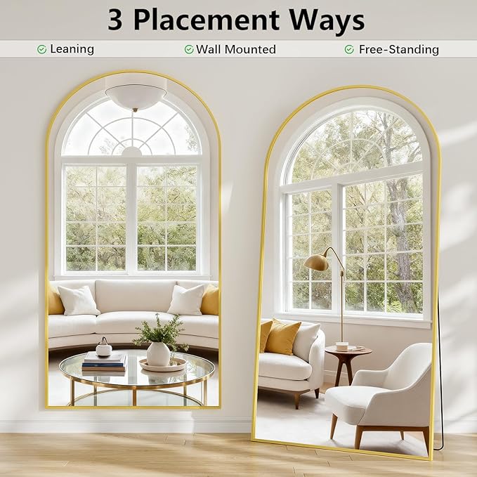 Oversized Full Length Mirror, 38"x77" Large Arched Floor Mirror Full Length with Stand, Room Decor Big Full Body Mirror with HD Tempered Glass Aluminum Frame for Bedroom Living Room, Gold