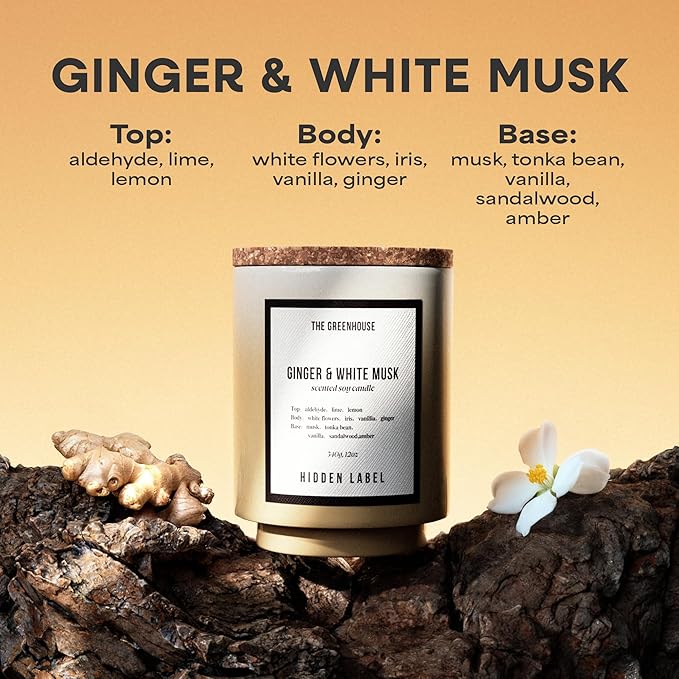 Ginger & White Musk Soy Candle, 12oz Natural Soy Wax Non Toxic, 75 Hours Burn Time,Clean Burn, Aromatherapy Candles for Home Scented, Stress Relief, Meditation, Yoga & Relaxation