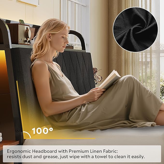 WLIVE Queen Size Upholstered Bed Frame with 2 Side Shelves, Linen Tufted Storage Headboard with Charging Ports and LED Light, Metal Solid and Stable, No Box Spring Needed, Easy Assembly, Brown