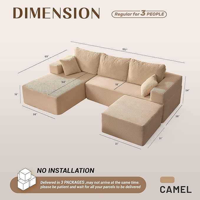 107" Boneless Couch with Deep Seat, Modular Sectional Sofa, Cloud Sectional Couch for Living Room, No Assembly Required, Corduroy, U-Shape 3 Seater Left, Camel