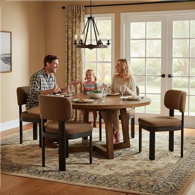 Modern Brown Upholstered Dining Chairs Set of 2 Wooden Side Chairs with Curved Backrest and Black Legs for Kitchen Island, Dining Room