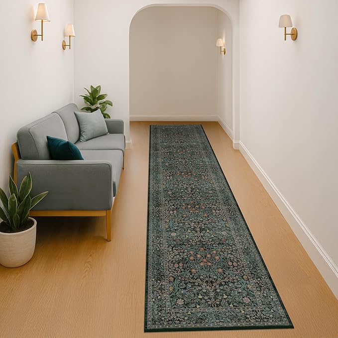 Washable Dark Green 2x10 Runner Rug for Hallway, Kitchen, 10 ft Non Slip Stain Resistant Extra Long Soft Rugs, Vintage Floral Unique Botanical Floor Mat