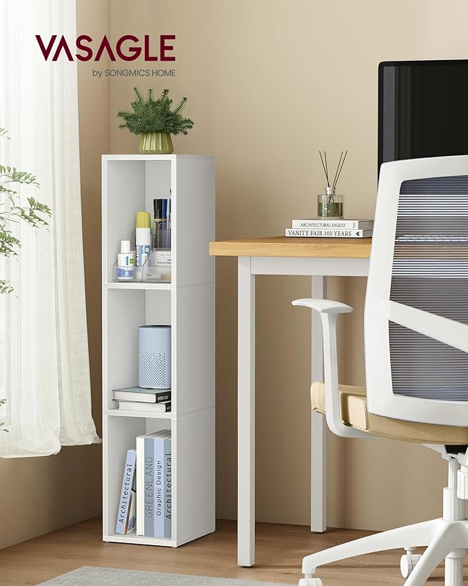 VASAGLE Custos Collection - Bookshelf, 3-Tier Bookcase, Book Shelf, Open Storage Shelf, 9.4 x 7.9 x 37.3 Inches, for Living Room, Home Office, Dining Room, Cloud White ULBC523W01