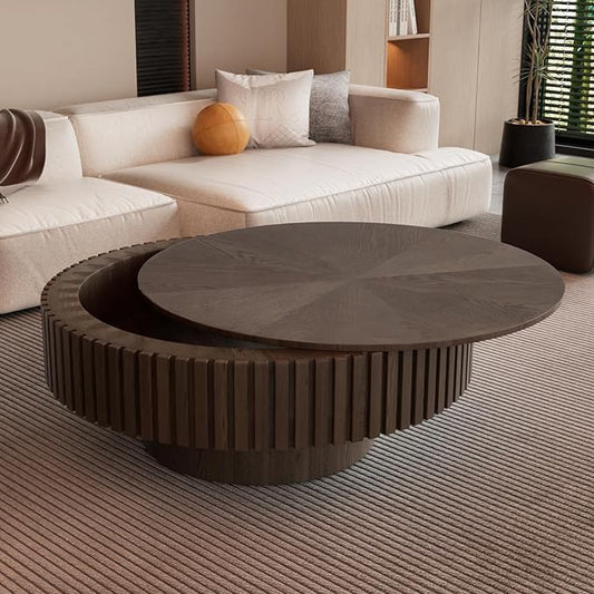 Round Drum Coffee Table with Storage for Living Room, Mid Century Modern Coffee Table with Sturdy Pedestal, Farmhouse Fluted Circle Center Table Accent Tea Table (31.5" Brown with Storage)