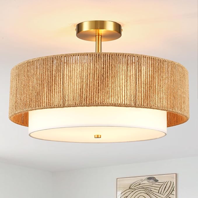Boho Semi Flush Mount Ceiling Light Rattan Ceiling Light 18" Farmhouse Ceiling Lamp with Natural Hemp Rope Fabric Lampshade for Dining Room Living Room Bedroom Kitchen