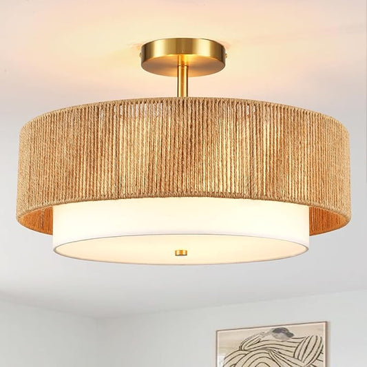 Boho Semi Flush Mount Ceiling Light Rattan Ceiling Light 18" Farmhouse Ceiling Lamp with Natural Hemp Rope Fabric Lampshade for Dining Room Living Room Bedroom Kitchen
