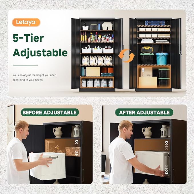 Letaya Metal Garage Storage Cabinets with Lock-72 Tall Tool Organizer Steel Lockers, 5 Adjustable Layers Shelves for Home,Office,Warehouse,Garage,(Black-72“)