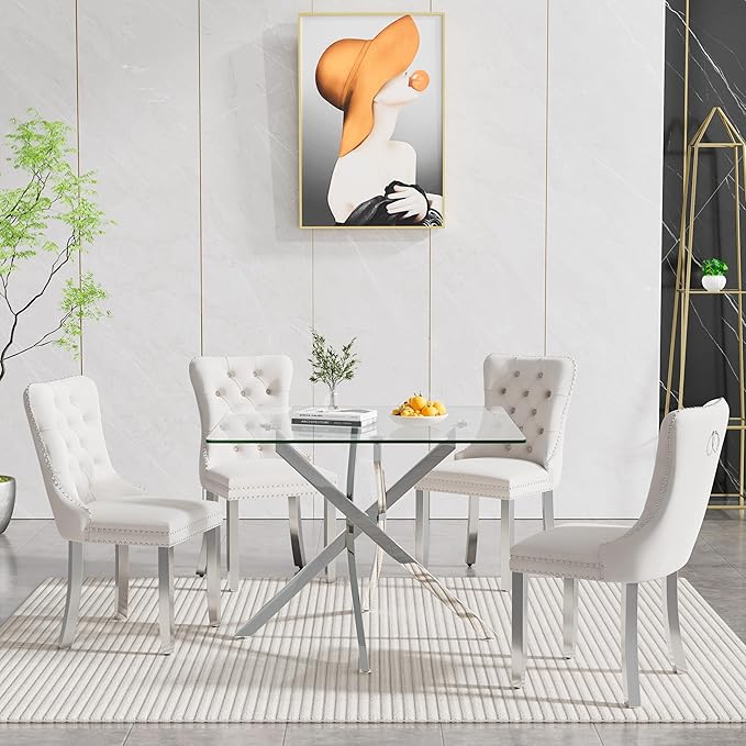 Goujxcy Glass Dining Table Set for 4, Modern Kitchen Table and Chairs Set of 4, 5-Piece Kitchen Dining Room Table Set w/36 Square Silver Glass Dining Table and 4 Beige Velvet Upholstered Chairs