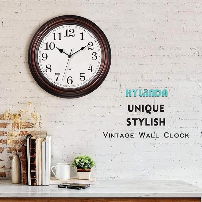 HYLANDA Wall Clock, 12 Inch Vintage Retro Silent Quality Wall Clocks Battery Operated Non-Ticking, Round Decorative Kitchen Home Office Bedroom Living Room(Bronze)