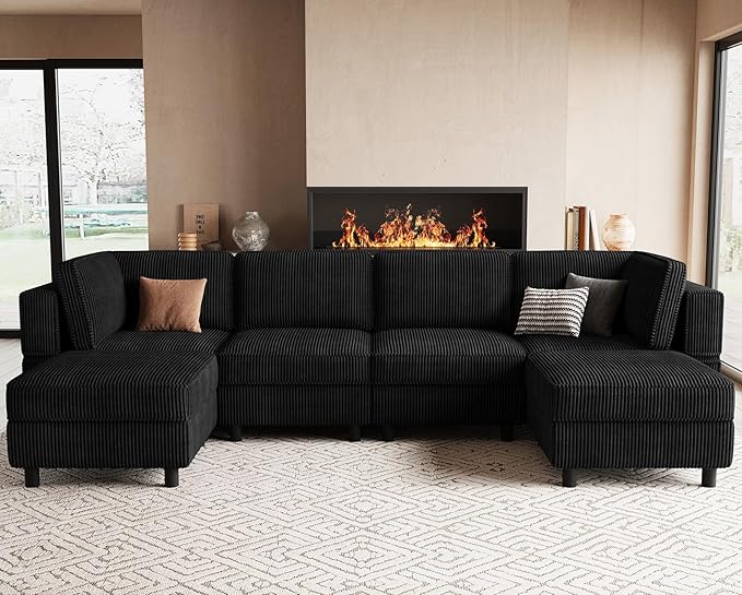 114.2" Modular Sectional Sofa with Deep Storage Seat,U Shaped Sectional Sofa Couch Convertible 6 Seater Corduroy Couch with Movable Ottoman,Upholstered Sectional Couches for Living Room,Black