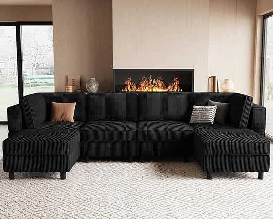 114.2" Modular Sectional Sofa with Deep Storage Seat,U Shaped Sectional Sofa Couch Convertible 6 Seater Corduroy Couch with Movable Ottoman,Upholstered Sectional Couches for Living Room,Black