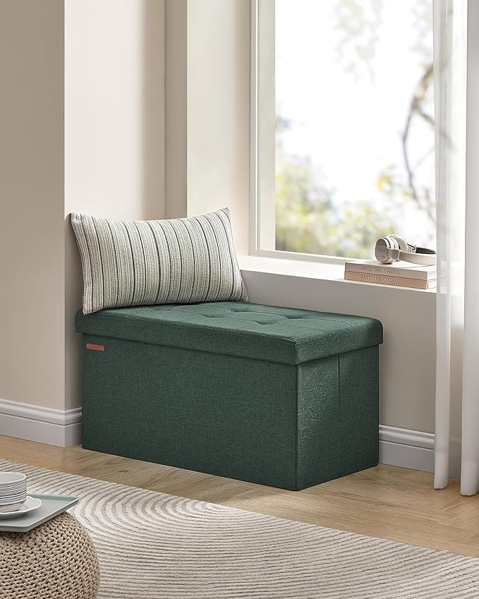 SONGMICS Mazie Collection - 30 Inches Folding Storage Ottoman Bench, Ottoman Foot Rest, End of Bed Bench, Storage Chest, Load 660 lb, for Living Room, Bedroom, Entryway, Retro Green ULSF047C01