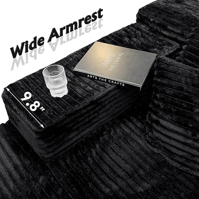 3-Piece Boneless Modular Sectional Sofa, Cloud Couch, Left Facing Chaise with Ottoman, Oversized Deep Seat, Soft Corduroy Fabric, Sectional Couch for Living Room-Black