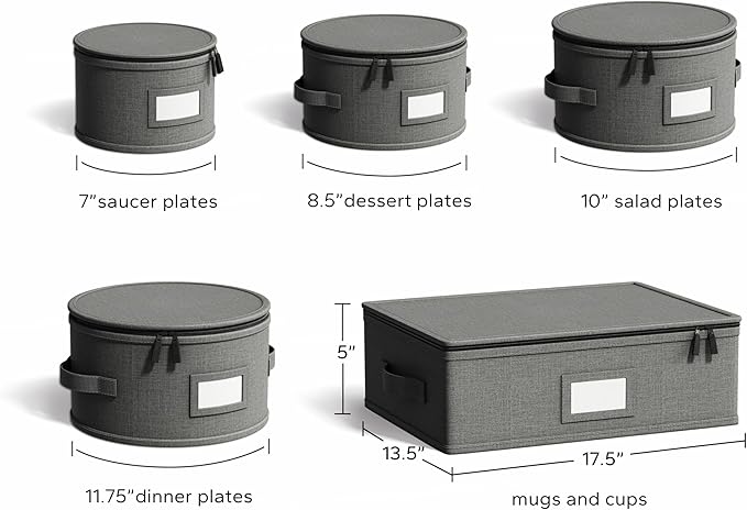 Hard Shell China Storage Containers – 5 Piece Set for Storing Dinner Plates, Salad Plates, Mugs, Quilted Dividers for Safe Moving and Seasonal Storage, Grey