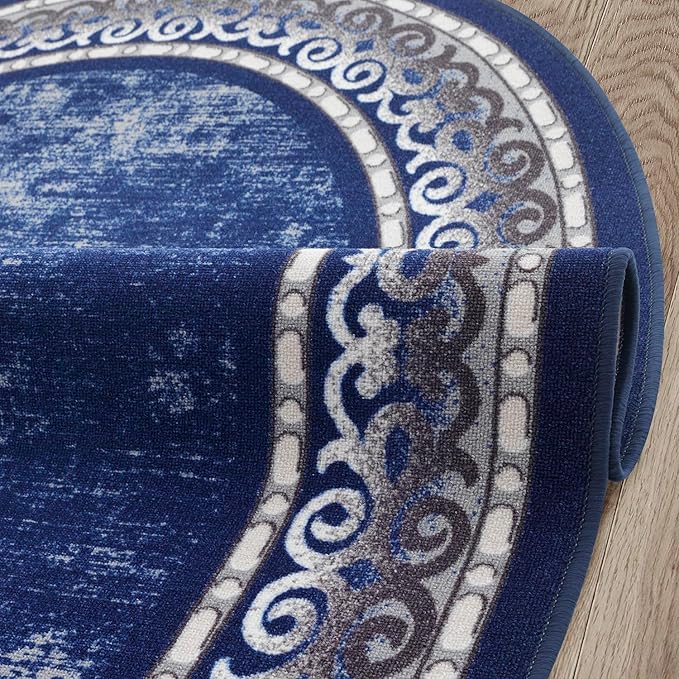 Antep Rugs Alfombras Bordered Modern 5x7 Non-Slip (Non-Skid) Low Pile Rubber Backing Indoor Area Rug (Navy, 5' x 7' Oval)