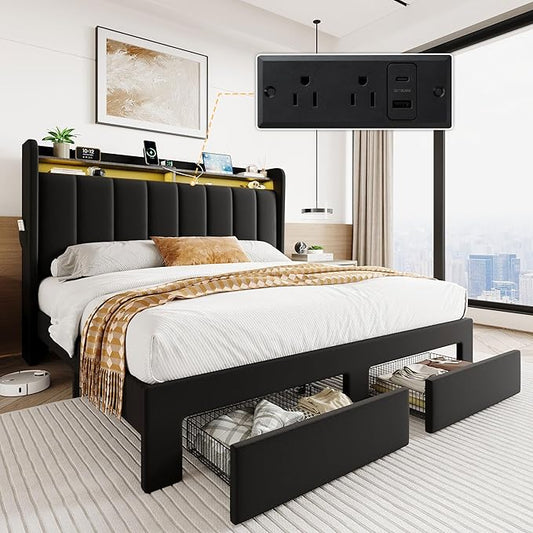 SHA CERLIN Velvet Full Size Bed Frame with Vertical Channel Tufted Wingback Headboard & 2 Storage Drawers/2-Tier Shelves with LED Lights & Charging Station/Noise-Free/No Box Spring Needed/Black