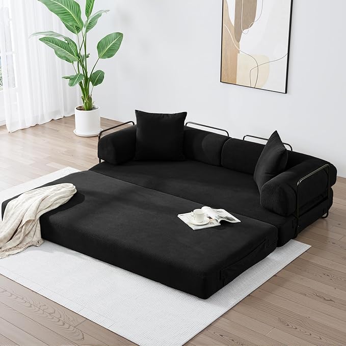 Convertible Sleeper Sofa Bed with Cylindrical Pillow, Corduroy Folding Mattress Couch with Fixed-Shape Frame, Floor Sofa Lounge Couch for Living Room Bedroom Lounge Studio-Black