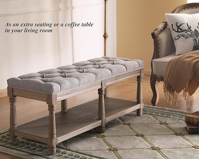 Mid Century Tufted Storage Bench with Shelf, Linen Upholstered Farmhouse Entryway Shoe Bench Ottoman Bed End Stool with Padded Seat, Rustic Bench for Bedroom Living Room Dining Room, Grey