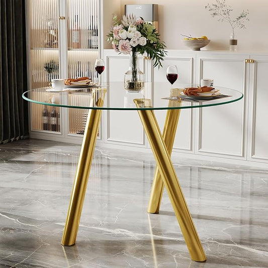 35" Round Dining Table for 4, Modern Round Glass Dining Table with Gold Metal Legs, Round Kitchen Table for Dining Room Home Office Small Spaces