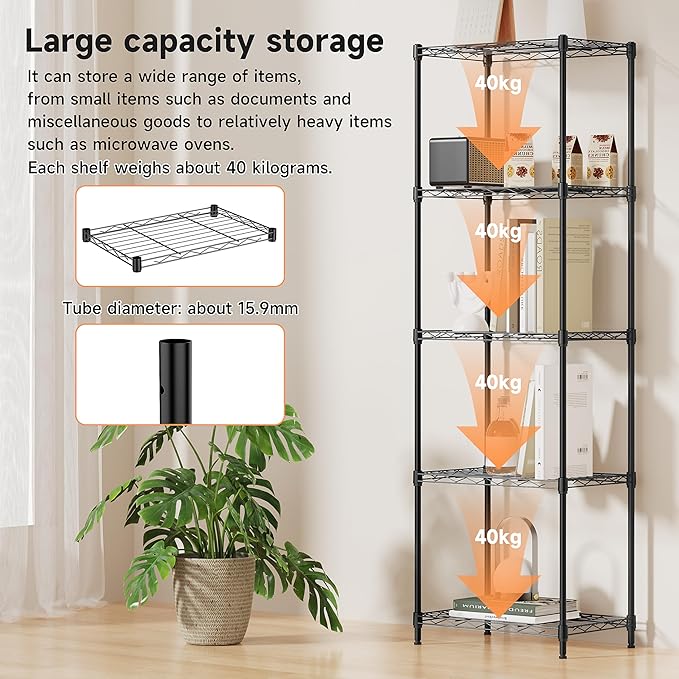 IZEUK 5 Tier Metal Wire Shelf Unit, Black Storage Rack Organizer for Kitchen, Bedroom, Living Room or Laundry Room, 17.7" W x 11.8" D x 55.0" H