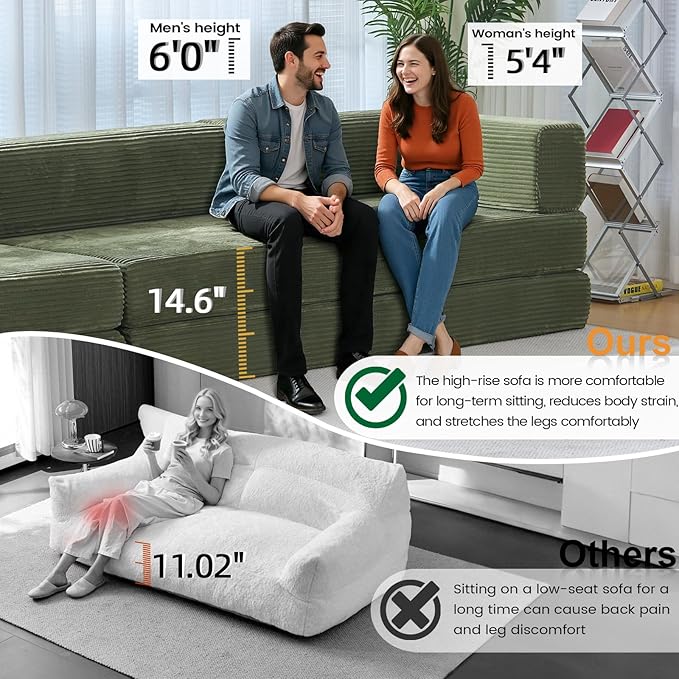 Folding Sofa Bed Convertable Corduroy Couch King Size Floor Sleeper 4-in-1 DIY Combination Modular Sofa Fold Out Futon Lounge Comfy Foldable Lazy cama for Living Room (Green)