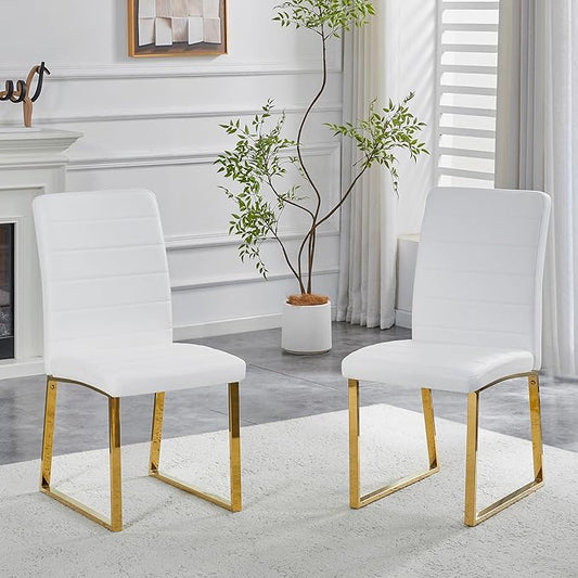 Modern Dining Chairs Set of 2, White Faux Leather Kitchen Chairs, Upholstered Armless Dining Room Chair with Gold Mental Legs Heavy Duty, Comfortable (White and Gold, Set of 2)