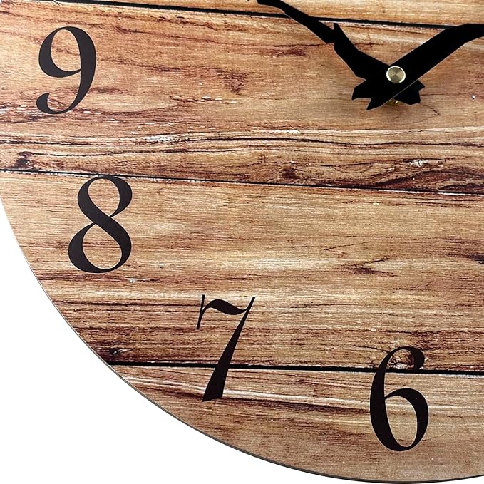Plumeet Small Wall Clock, 10'' Frameless Wooden Wall Clocks with Silent Quartz Movement, Rustic Country Village Walnut Clocks Decorative for Kitchen Bedroom Living Room, Brown