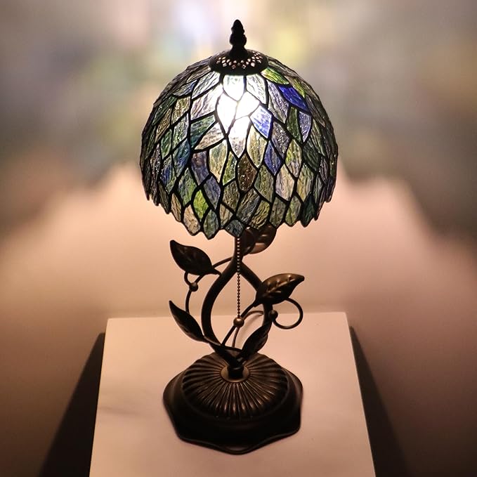 Small Tiffany Lamp Multicolor Leafage Style Stained Glass Table Lamps Desk Bedside Reading Light 8X8X18 Inches with Bronze Metal Leaf Resin Base