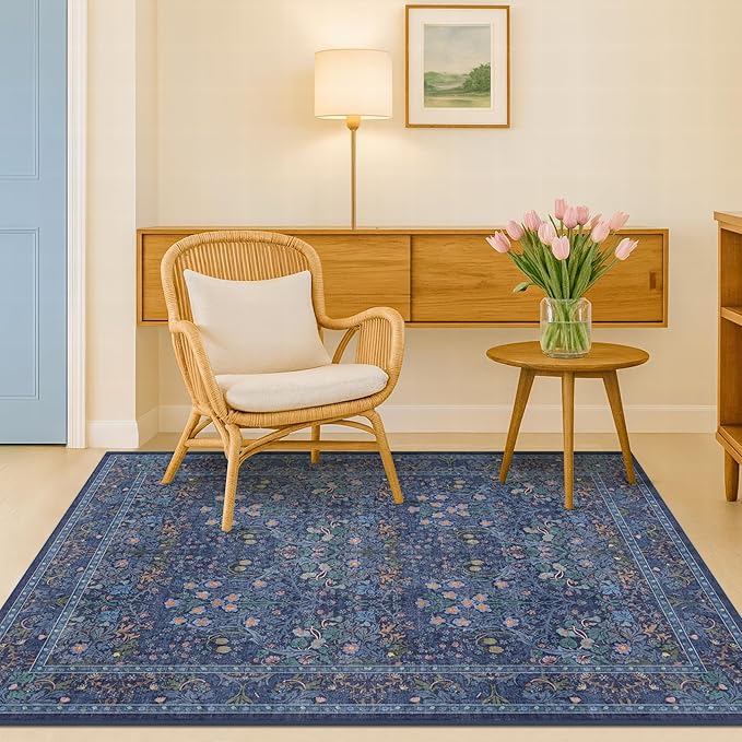 Vintage Dark Blue 4x6 Area Rugs for Large Entryway, Bedroom Beside Rug, Kitchen, Mudroom, Non-Slip Low Pile Ultra Soft Stain Resistant Small Floral Carpet