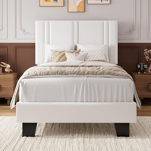 iPormis Twin Size Bed Frame with Velvet Upholstered Headboard & Thickened Legs, Twin Platform Bed Frame w/Solid Wooden Slats Support, Noise Free, No Box Spring Needed, White