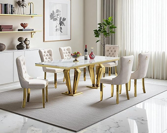 70" Faux Marble Dining Table Set for 6, 7-Piece Dining Set with White Gold Kitchen Table and 6 Velvet Tufted Chairs, Modern Rectangular Dining Room Table with Diamond-Shape Stainless Steel Base