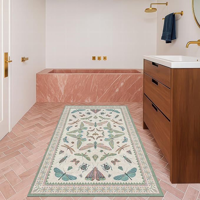 Washable Sage Green Large Entryway Rug, 3x4 Area Rugs for Laundry Room, Kitchen, Bedroom, Dorm, Insect Print Vintage Floral Non-Slip Throw Rug Low Pile Stain Resistance