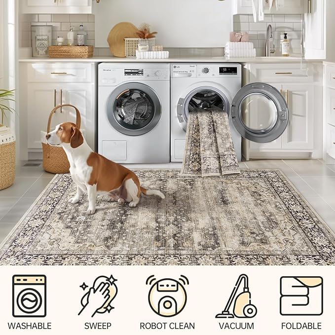 6x9 Living Room Rug Non Slip with Rubber Backing Machine Washable Soft Faux Fur Low Pile Stain Resistant Boho Vintage Euro Floral Carpet Rug for Bedroom Dining Room Kid's Room Home Office,Hazel Brown