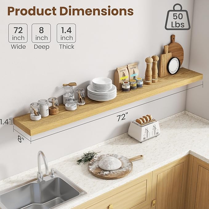 72 Inch Floating Shelves for Wall, 8 Inch Deep Floating Shelf for Storage & Display, Rustic Wall Mounted Shelf with Invisible Brackets for Living Room, Kitchen, Bathroom, Home Decor, Set of 2, Oak