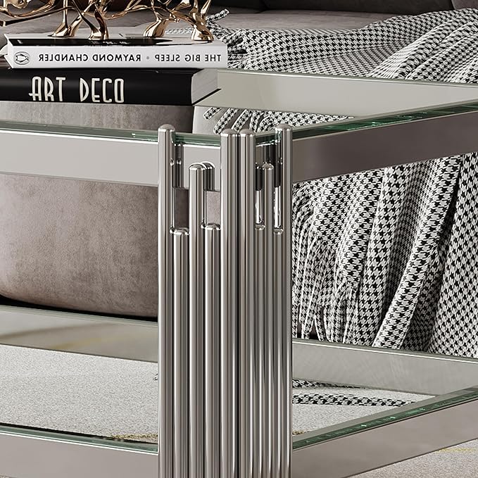 Goujxcy Modern Glass Coffee Table 47" Silver Center Table with Tempered Glass Top and Mirror Finish Stainless Steel Legs, Luxury Rectangular Coffee Table for Living Room Apartment (Silver)