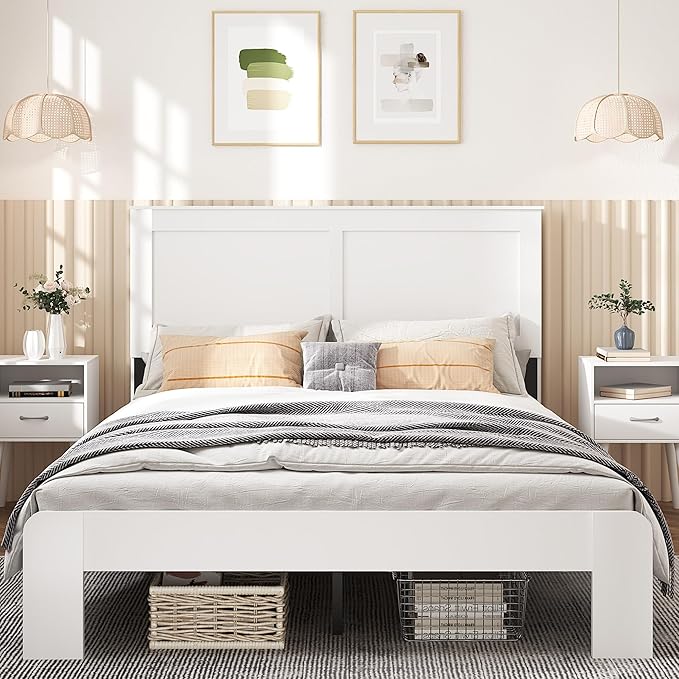 Queen Size Bed Frame, Vintage Platform Bed Frame with Wood Headboard and Footboard, 12 Wood Slats Support, No Box Spring Needed (White)