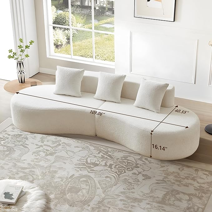 109'' Curved Couch, Mid Century Modern Half Moon Sofa, Luxury 3-Seat Couch with High-Density Foam Filled, Raindrop Velvet Fabric Sectional Sofa for Living Room, Apartment, Office, White