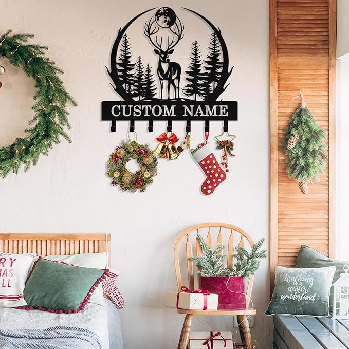 Personalized Deer Forest Key Holder Wall Mount, Custom Metal Key Holder for Wall with Name, Custom Keys Rack Hanger with Hooks for Entryway, Front Door, Hallway, Living Room, Kitchen