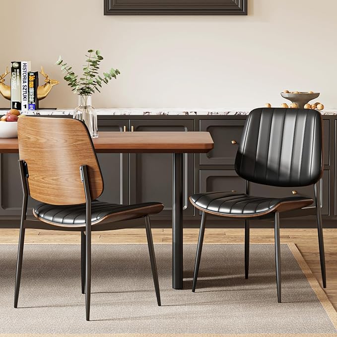 Modern Green Leather Dining Chair Set of 2, Bentwood Backrest & Black Metal Frame Ergonomic Comfort, Sustainable Style, Multi-Space Versatile, Black
